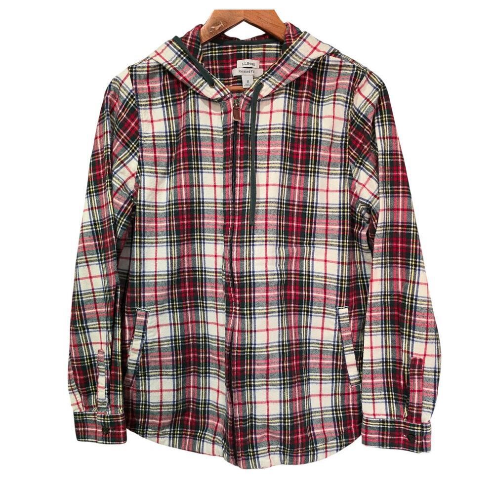 L.L.Bean Scotch Plaid Flannel Shirt Relaxed Zip Hoodie Size M